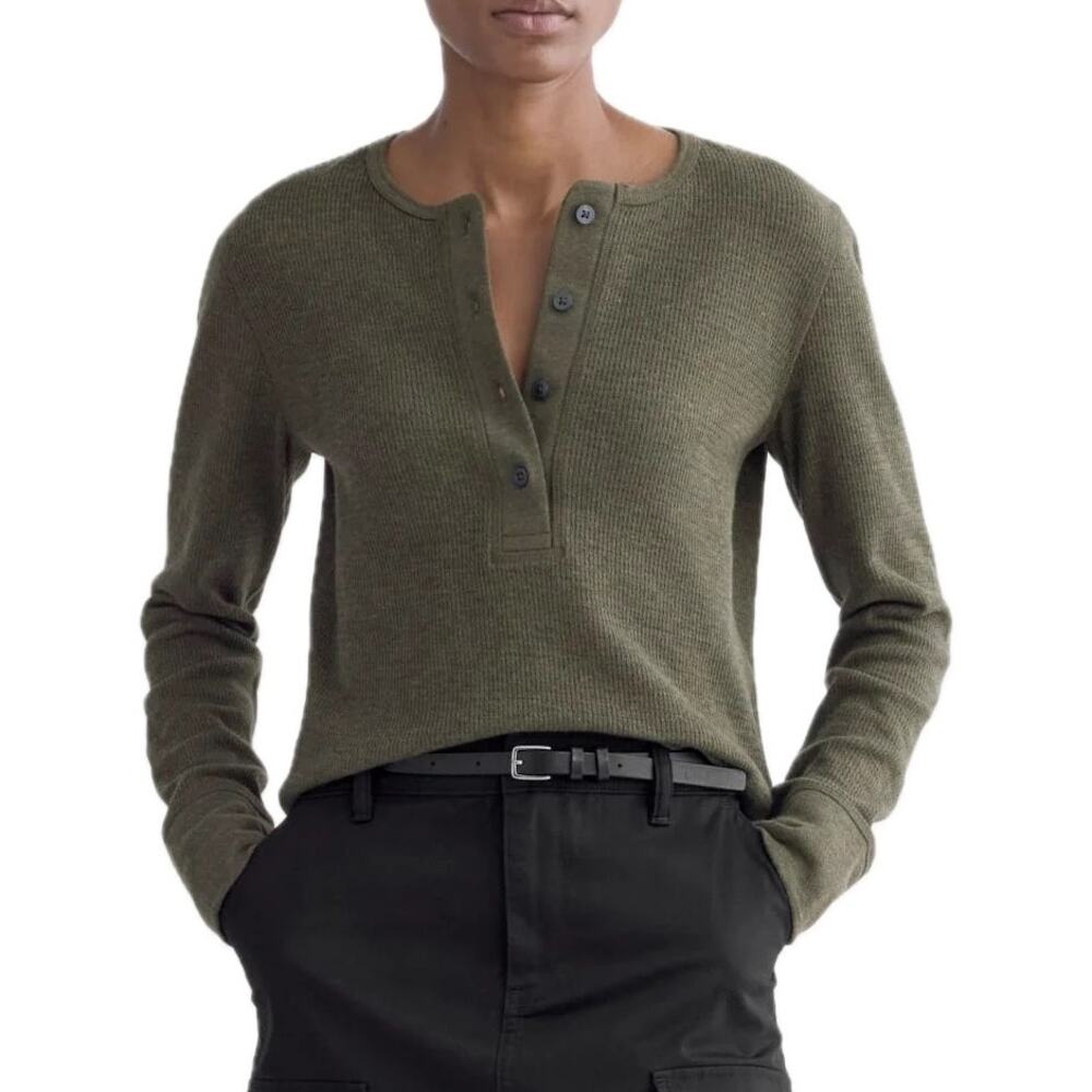 Women's Everlane Dark Green Natural Cotton Cropped Boxy Henley in Cozy Waffle